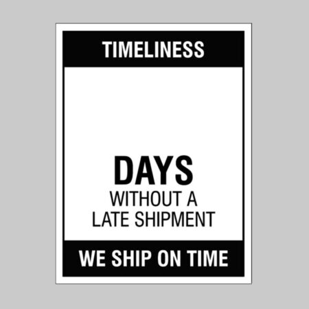 Timeliness … Days without a late shipment,, 450x600mm rigid PVC with wipe clean over laminate
