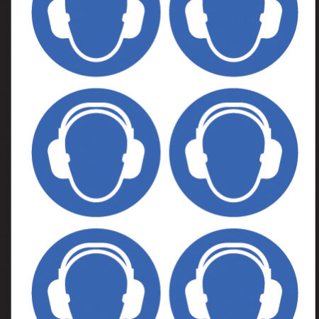 Ear protection symbol 50mm dia - sheet of 6 peel 'n' stick labels