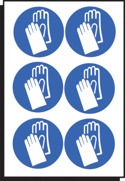 Hand protection symbol 50mm dia - sheet of 6 peel 'n' stick labels
