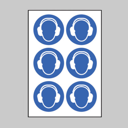 Ear protection symbol 100mm dia - sheet of 6 peel 'n' stick labels