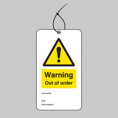 Warning out of order double sided safety tags 80x150mm c/w cable ties (pack of 10)