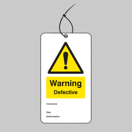 Warning defective double sided safety tags 80x150mm c/w cable ties (pack of 10)