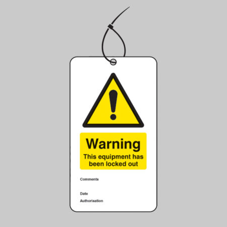 Warning equipment is locked out double sided safety tags 80x150mm c/w cable ties (pack of 10)