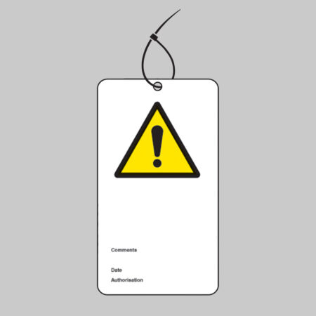 ! Exclamation mark double sided safety tags 80x150mm c/w cable ties (pack of 10)