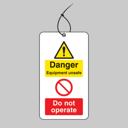 Danger equipment unsafe do not operate double sided safety tags 80x150mm c/w cable ties (pack of 10)
