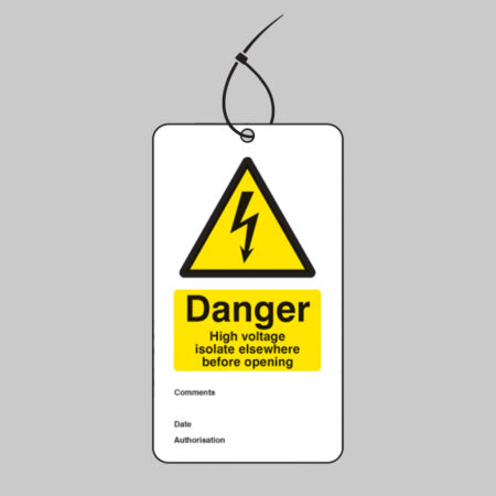 Danger high voltage isolate elsewhere double sided safety tags 80x150mm c/w cable ties (pack of 10)
