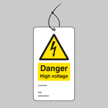 Danger high voltage double sided safety tags 80x150mm c/w cable ties (pack of 10)