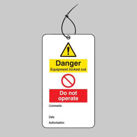Danger equipment locked out etc.. double sided safety tags 80x150mm c/w cable ties (pack of 10)