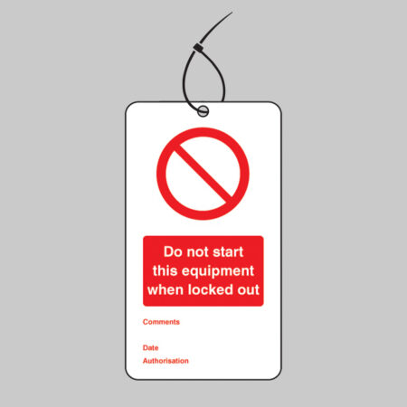 Do not start this equipment when etc.. double sided safety tags 80x150mm c/w cable ties (pack of 10)