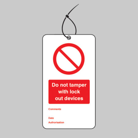 Do not tamper with lockout devices double sided safety tags 80x150mm c/w cable ties (pack of 10)
