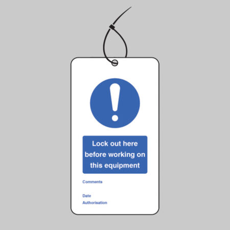 Lockout here before working etc... double sided safety tags 80x150mm c/w cable ties (pack of 10)