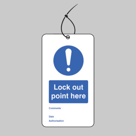 Lock out point here double sided safety tags 80x150mm c/w cable ties (pack of 10)