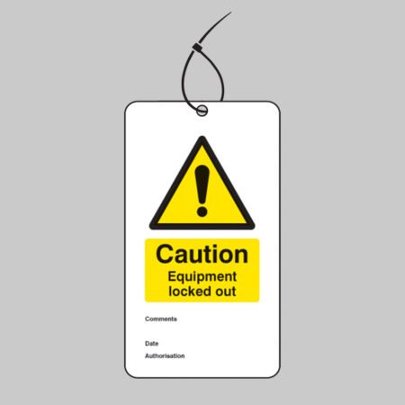 Caution equipment locked out double sided safety tags 80x150mm c/w cable ties (pack of 10)