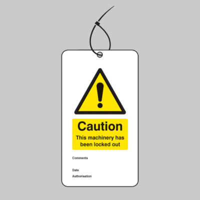 Caution this machinery has been locked out double sided safety tags 80x150mm c/w cable ties (pack 10