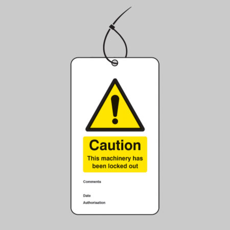 Caution this machinery has been locked out double sided safety tags 80x150mm c/w cable ties (pack 10