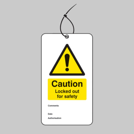 Caution locked out for safety double sided safety tags 80x150mm c/w cable ties (pack of 10)