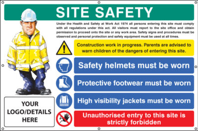 Site safety, helmets, footwear, hi vis, unauthorised entry, custom banner c/w eyelets 1270x810mm