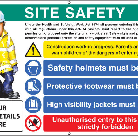 Site safety, helmets, footwear, hi vis, unauthorised entry, custom banner c/w eyelets 1270x810mm
