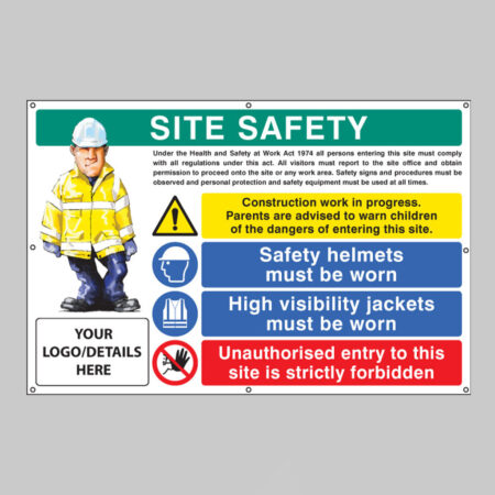 Site safety, helmets, hi-vis, unauthorised entry custom banner c/w eyelets 1270x810mm