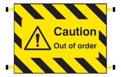 Caution out of order door screen 600x450mm c/w spring loaded poles 710 to 1010mm