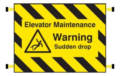 Elevator maintenance, warning sudden drop door screen 600x450mm c/w spring loaded poles 710 to 1010m