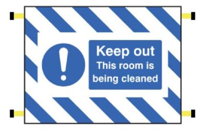Keep out this room is being cleaned door screen 600x450mm c/w spring loaded poles 710 to 1010mm