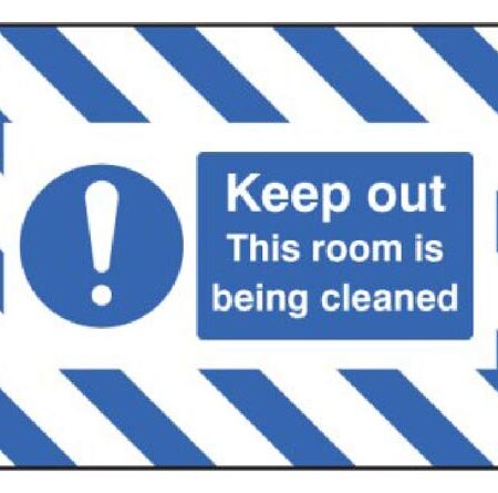 Keep out this room is being cleaned door screen 600x450mm c/w spring loaded poles 710 to 1010mm