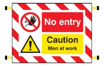 No entry Caution men at work door screen 600x450mm c/w spring loaded poles 710 to 1010mm