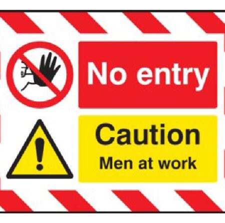 No entry Caution men at work door screen 600x450mm c/w spring loaded poles 710 to 1010mm