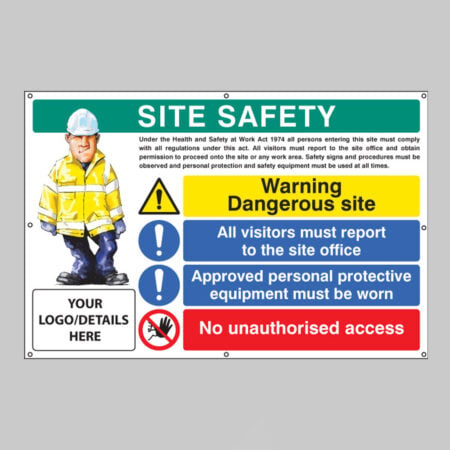 Site safety, dangerous site, visitors, PPE, access, custom banner c/w eyelets 1270x810mm