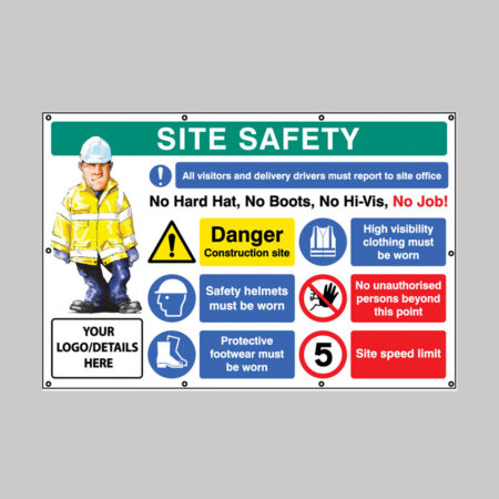 No hat, no boots, no hi-vis, no job. 5mph, custom banner c/w eyelets 1270x810mm