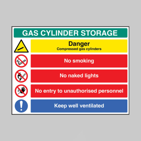 Gas cylinder storage: Danger compressed gas, no smoking, no naked flames, no entry to unauthorised personnel, keep well ventilated (self adhesive vinyl safety label)