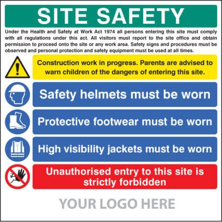 Site safety board, helmets, footwear, hi vis, unauthorised entry, builder signs 1220x1220mm