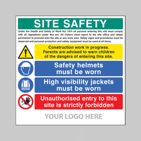 Site safety board, helmets, hi-vis, unauthorised entry builder signs 1220x1220mm