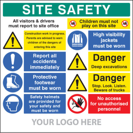 Site safety board, multi-message, deep excavations, builder signs 1220x1220mm