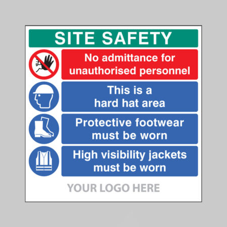 Site safety board, no admittance, hard hat, footwear, hivis, builder signs 1220x1220mm