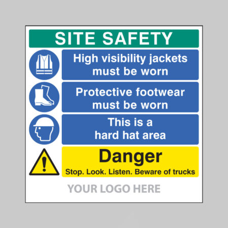 Site safety board, hivis, footwear,hard hat, trucks, builder signs 1220x1220mm