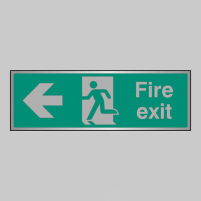 Fire exit arrow left anodised aluminium 300x100mm adhesive backed