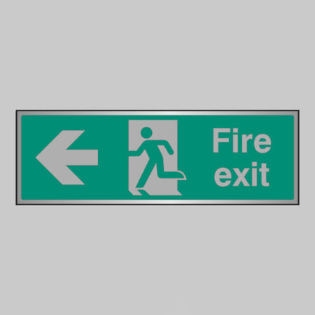 Fire exit arrow left anodised aluminium 300x100mm adhesive backed