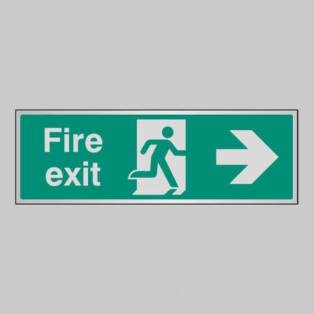 Fire exit arrow right anodised aluminium 300x100mm adhesive backed