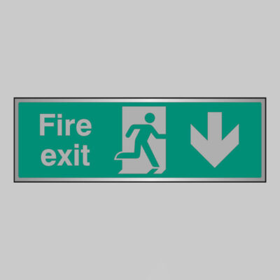 Fire exit arrow down anodised aluminium 300x100mm adhesive backed
