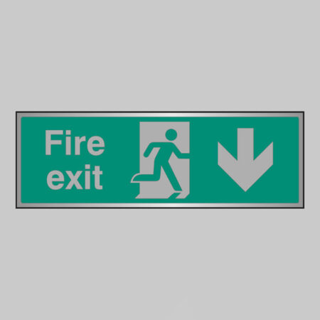 Fire exit arrow down anodised aluminium 300x100mm adhesive backed
