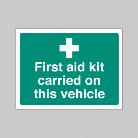 First aid kit carried on this vehicle 100x75mm self adhesive on face