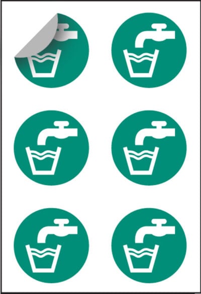 Drinking water 65mm dia - sheet of 6 peel 'n' stick labels