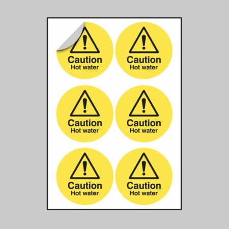 Caution hot water 65mm dia - sheet of 6 peel 'n' stick labels
