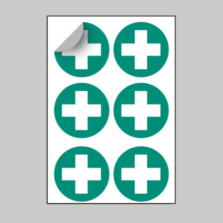 First aid symbol 65mm dia - sheet of 6 peel 'n' stick labels