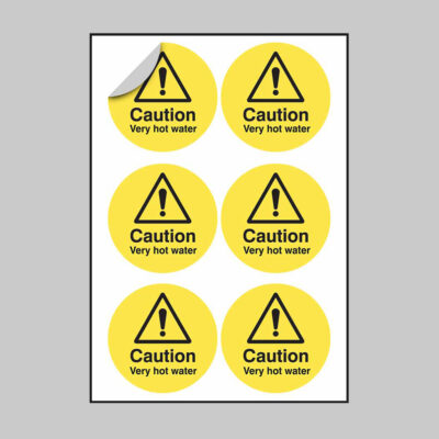 Caution very hot water 65mm dia - sheet of 6 peel 'n' stick labels