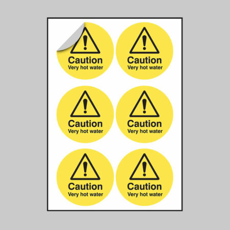 Caution very hot water 65mm dia - sheet of 6 peel 'n' stick labels