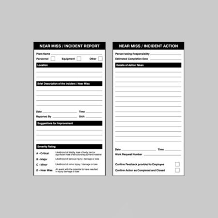 Near miss double sided report/action safety tags 80x150mm (pack of 10)