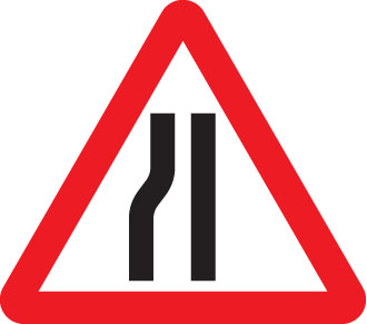 Road narrows left reflective fold up 600mm triangle sign with space for text variant